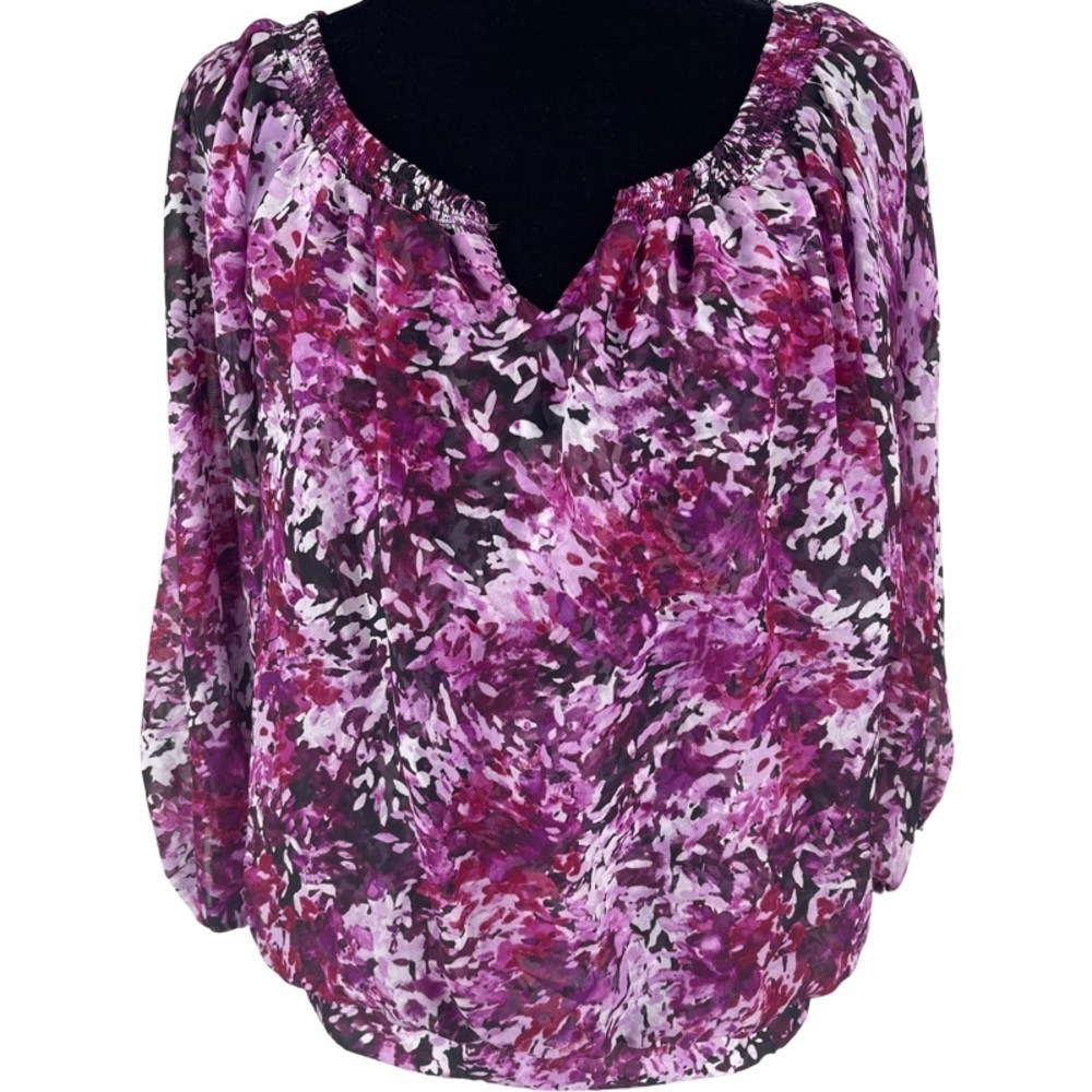 ✅ WHBM Woman’s Purple 3/4 Sleeve Silky Blouse Elastic back hem Size S